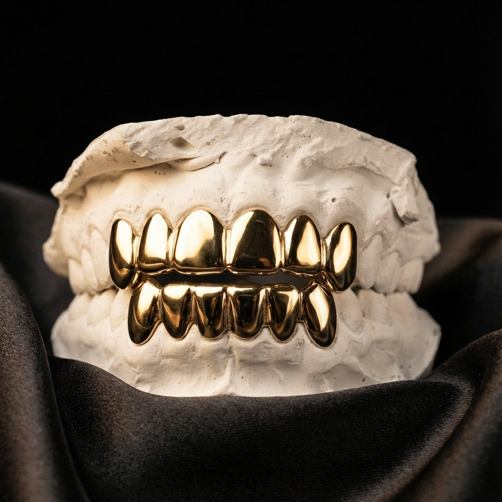Yellow golden grillz full set on bottom and top teeth