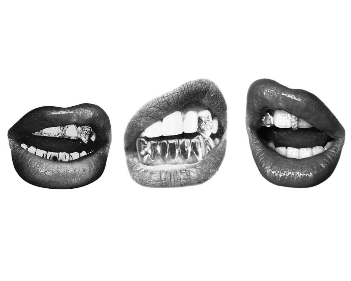 Wallpaper of three cutout mouths with Grillz.