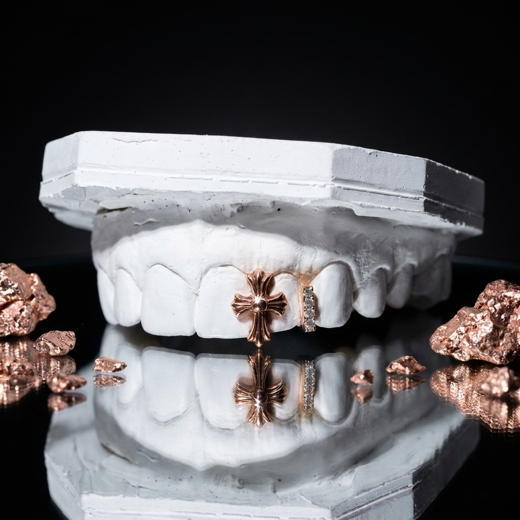 High-polish rose gold gothic cross and pavé diamond bar tooth accents displayed on a dental cast with copper and rose gold nuggets.Custom rose gold grillz set featuring a raised gothic cross tooth piece and a adjacent pavé diamond vertical bar. Handcrafted fit presented on a custom mold surrounded by raw rose gold ore.