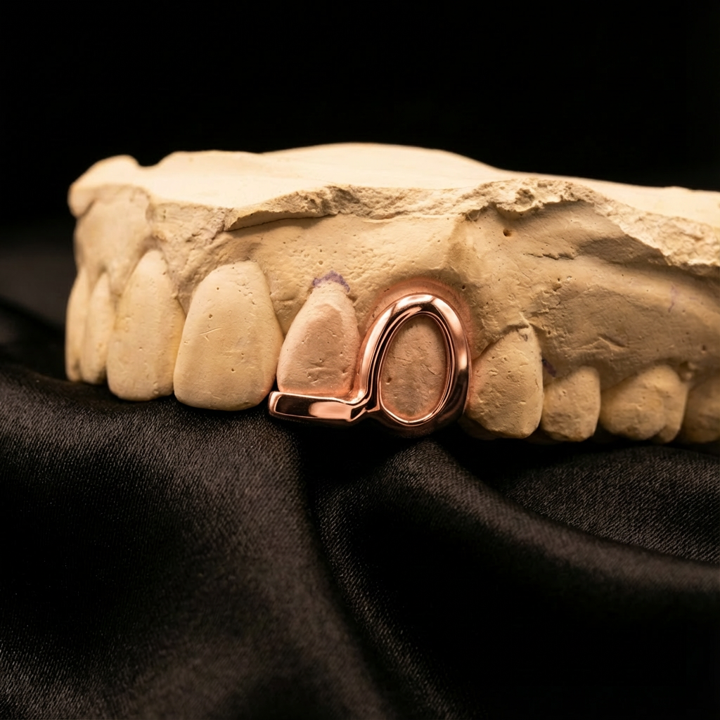 Rose golden custom grillz design with window and bar