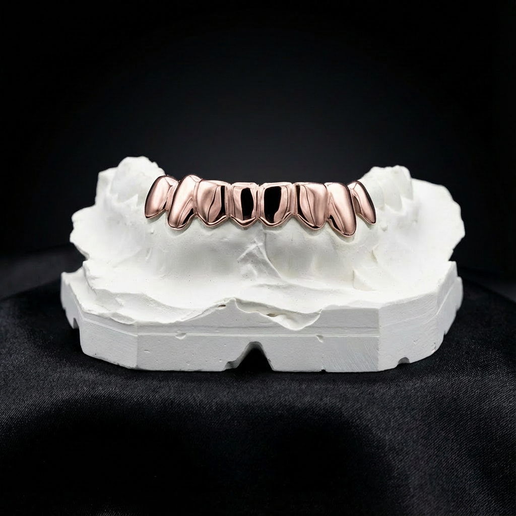 Rose gold grillz full set on bottom teeth