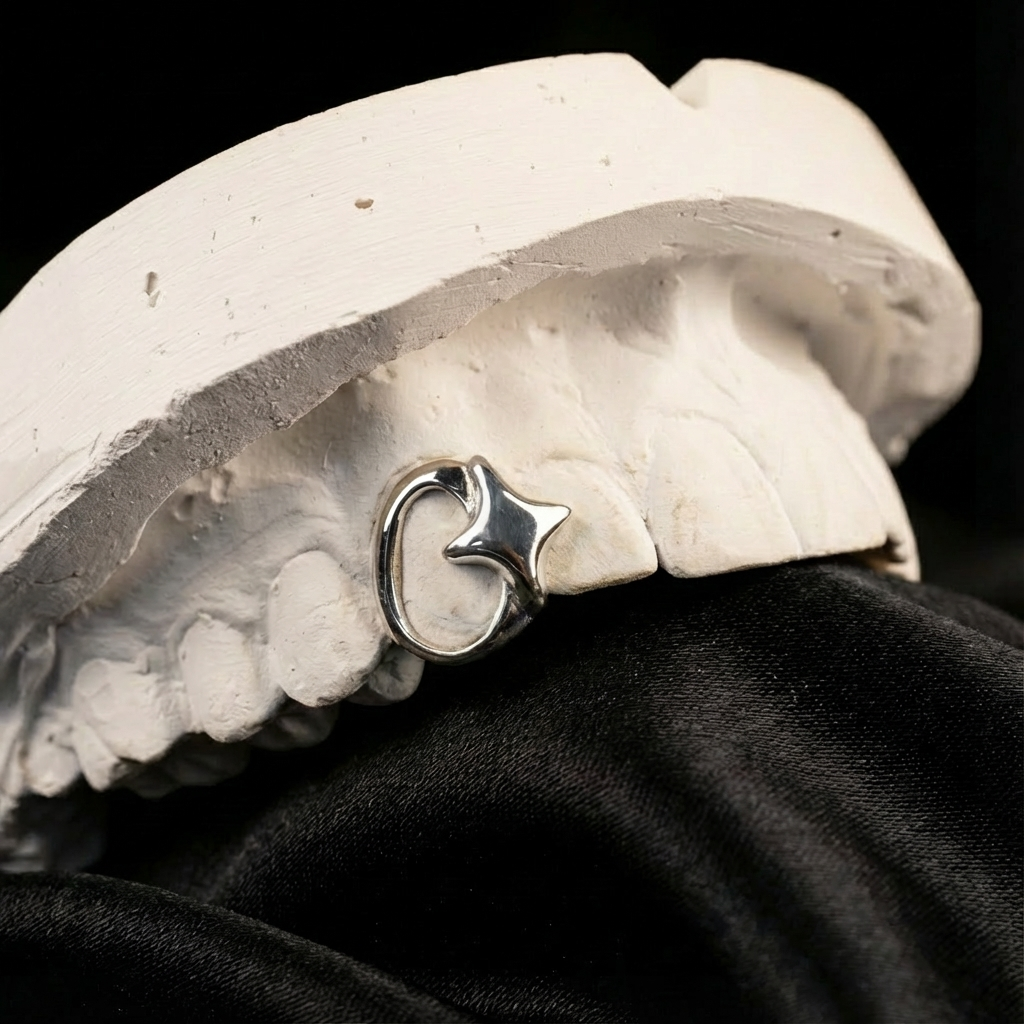 Silver grillz with a custom design featuring an open face and a star.