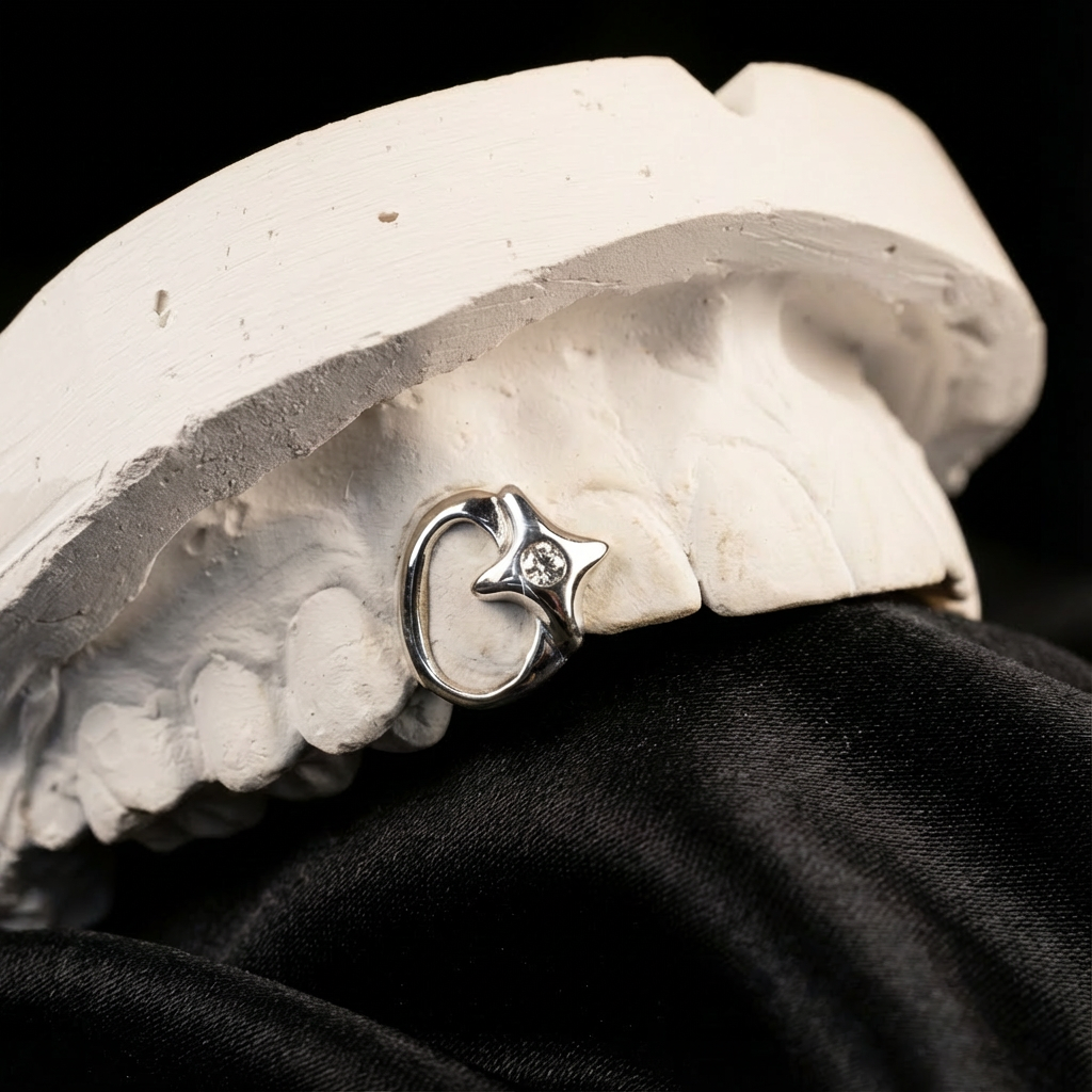 Silver grillz design featuring an open face and star set with a round diamond.
