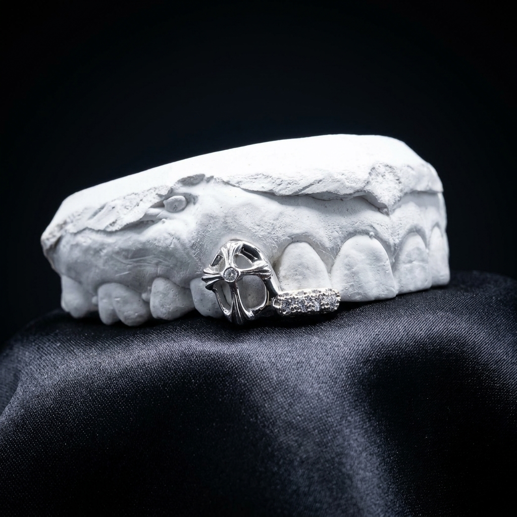 Sterling silver cross window tooth cap with center diamond paired with a diamond bar on a white stone tooth model. High-polish sterling silver custom grillz showcasing a central diamond cross frame with a matching icy diamond bridge bar. Precision fitted to a white dental cast on dark satin.
