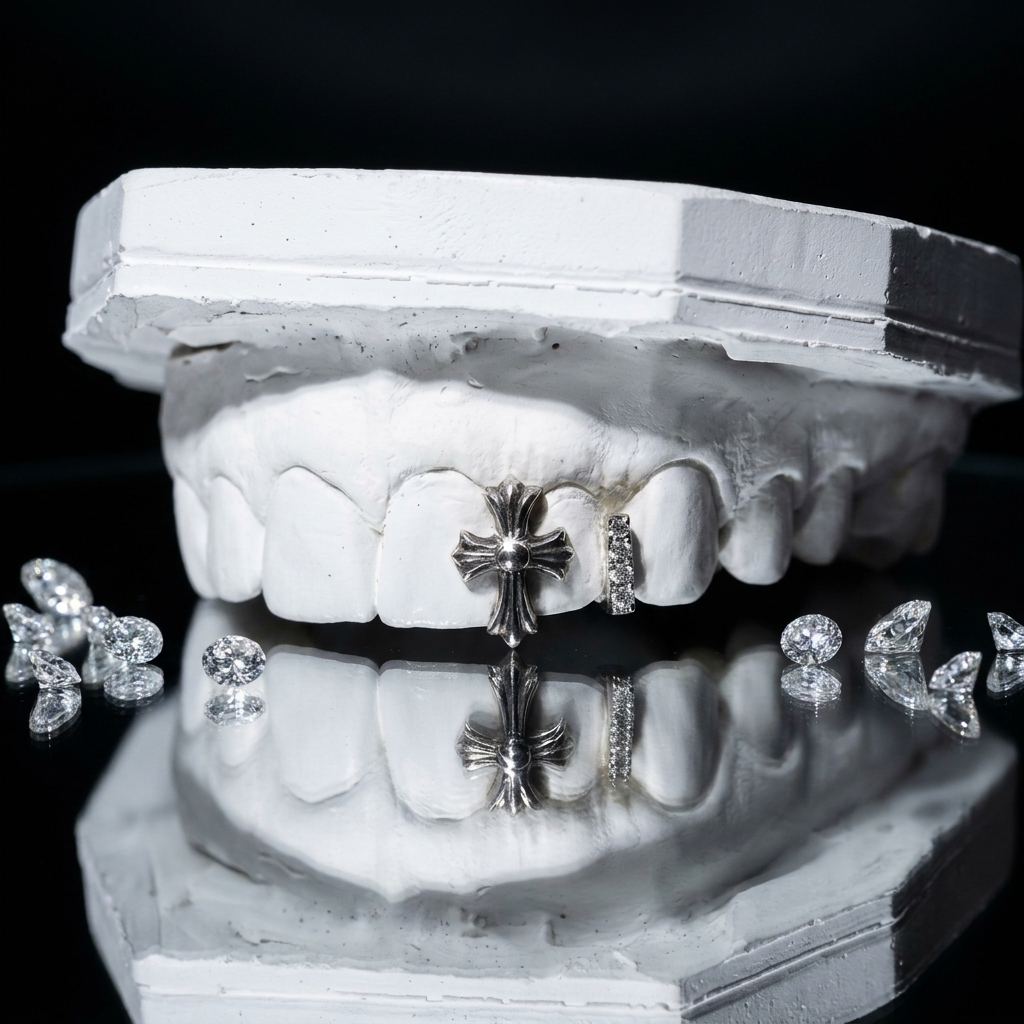 Sterling silver gothic cross tooth design next to a pavé diamond bar mounted on a white stone tooth model surrounded by loose diamonds.Handcrafted 925 sterling silver grillz featuring a central sculpted cross tooth piece alongside a iced-out pavé diamond bar. Displayed on a dental mold with loose brilliant-cut diamonds.