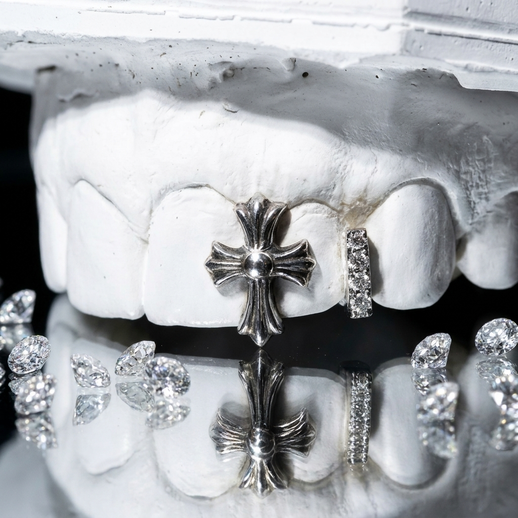 Premium white gold custom grillz showcasing a sculpted central cross emblem paired with a brilliant-cut pavé diamond bar. Engineered for a luxury fit and maximum shine.High-polish white gold gothic cross tooth emblem and pavé diamond bar piece mounted on a dental cast impression.