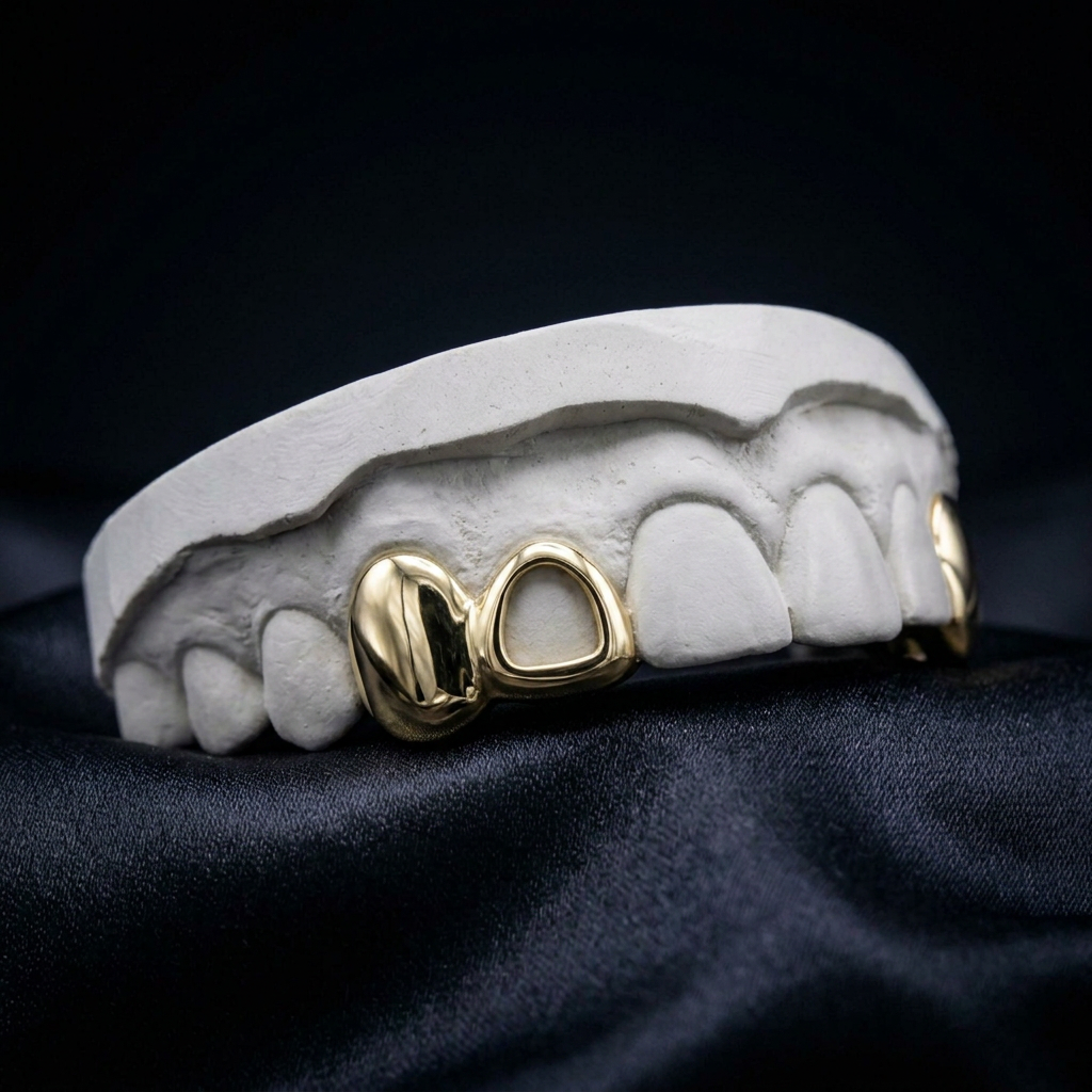 Polished yellow gold custom grillz featuring a solid tooth cap attached to an open window frame on a dental plaster mold against black silk.High-shine yellow gold custom 2-piece grillz set featuring a solid tooth cap joined to a central open-window bar alongside a matching canine cap. Handcrafted for a seamless fit.