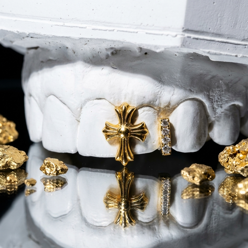 Polished yellow gold cross tooth emblem beside a vertical pavé diamond bar on a white dental stone cast with gold nuggets on a mirrored surface.
Custom yellow gold grillz featuring a detailed central gothic cross paired with an icy pavé diamond vertical bar accent. Precision-crafted on a dental mold surrounded by raw gold nuggets.